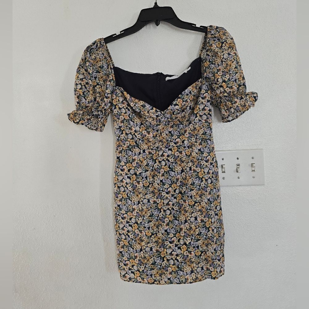 Fame And Partners Blue Floral Mini Dress Puffer Sleeves Size 2